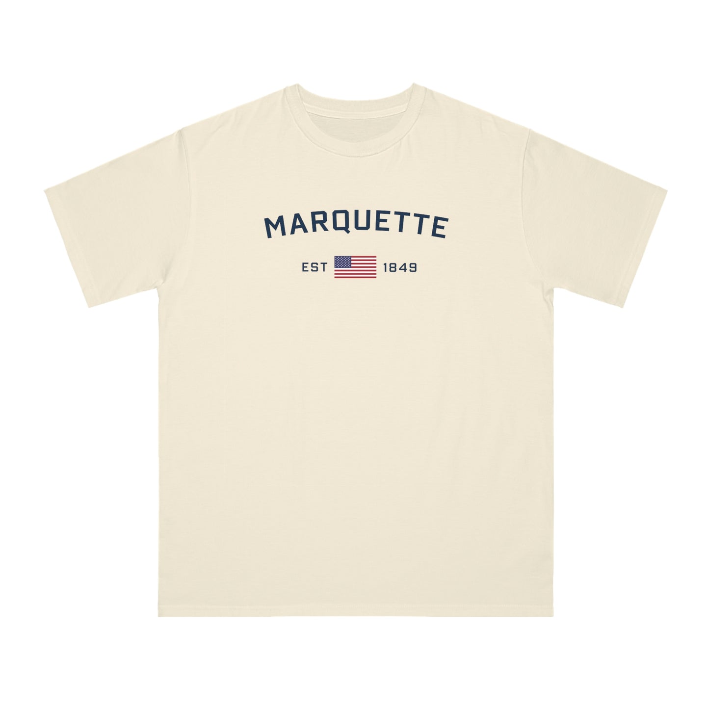 'Marquette EST 1849' T-Shirt (White/Navy Type w/ USA Flag | Organic Unisex