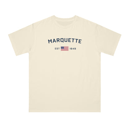 'Marquette EST 1849' T-Shirt (White/Navy Type w/ USA Flag | Organic Unisex