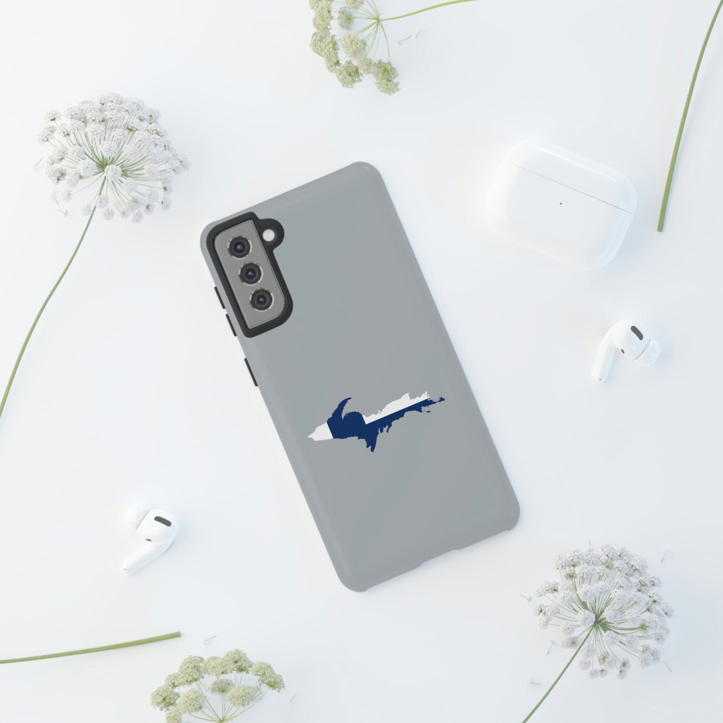 Michigan Upper Peninsula Tough Phone Case (Silver w/ UP Finland Flag Outline) | Samsung & Pixel Android