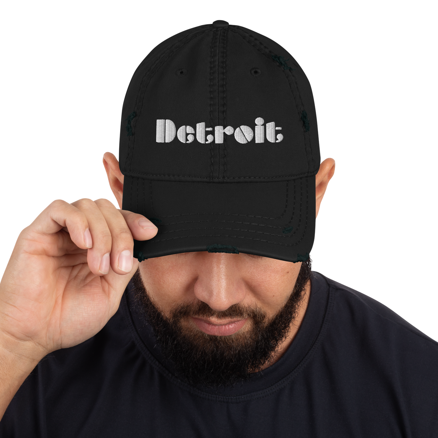 'Detroit' Distressed Dad Hat | White/Black Embroidery