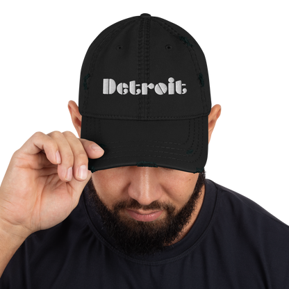 'Detroit' Distressed Dad Hat | White/Black Embroidery