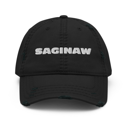 'Saginaw' Distressed Dad Hat | White/Black Embroidery