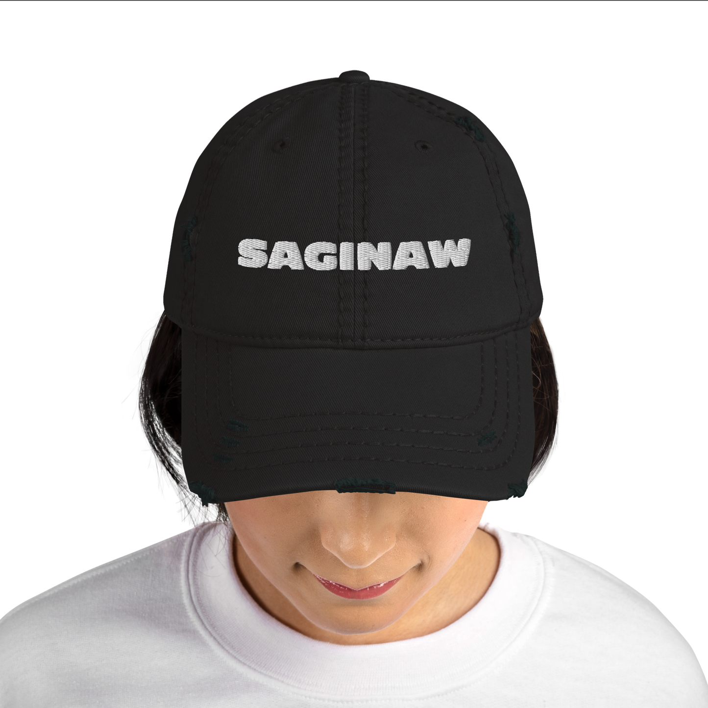 'Saginaw' Distressed Dad Hat | White/Black Embroidery
