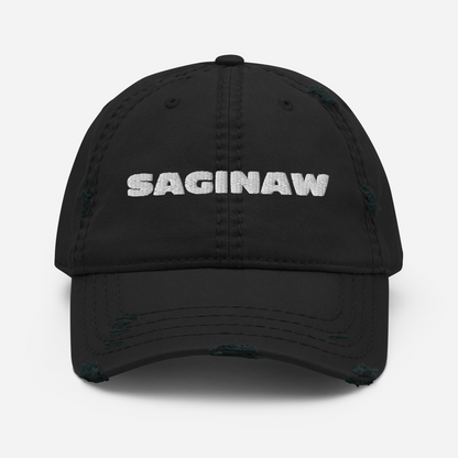 'Saginaw' Distressed Dad Hat | White/Black Embroidery