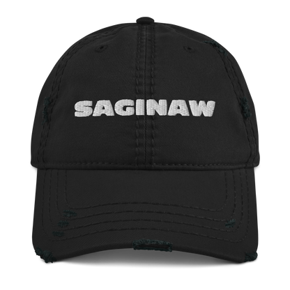 'Saginaw' Distressed Dad Hat | White/Black Embroidery