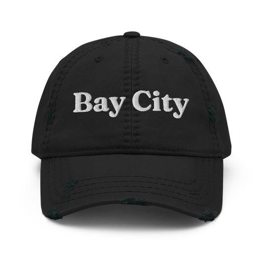 'Bay City' Distressed Dad Hat | White/Navy Embroidery