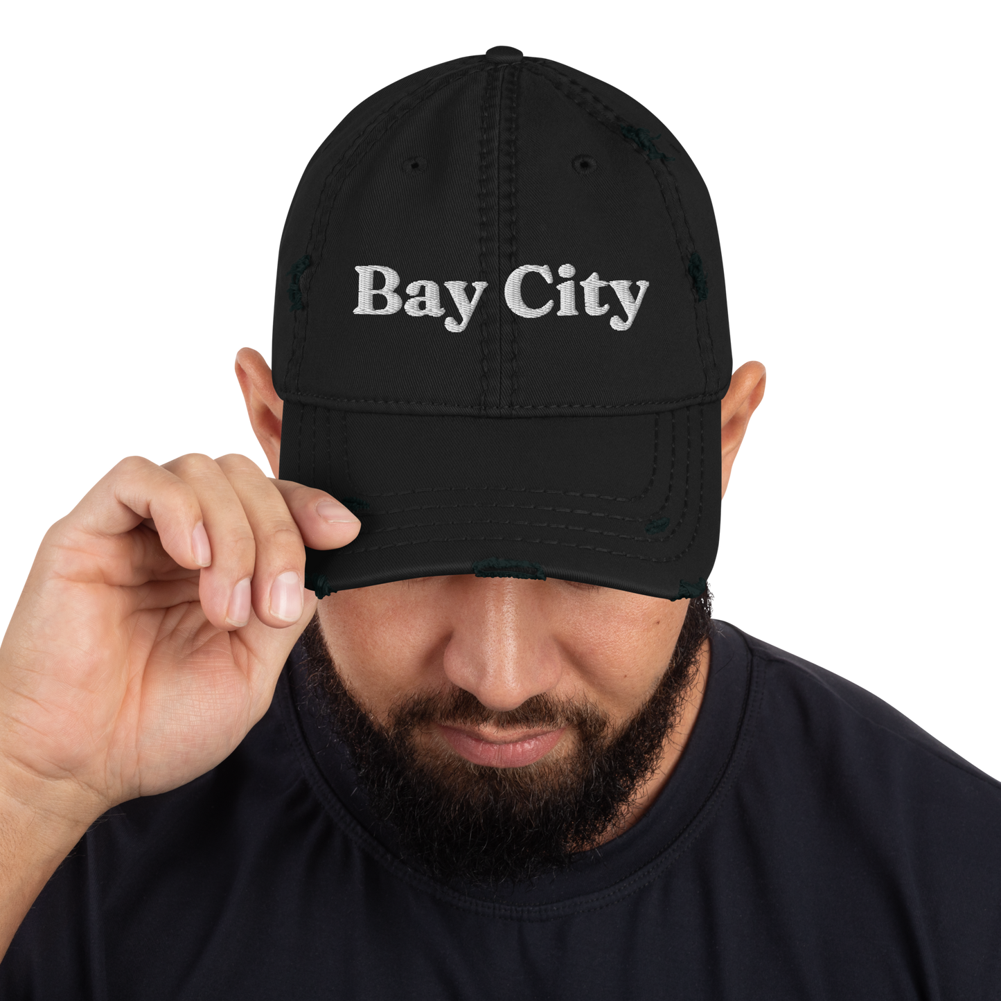 'Bay City' Distressed Dad Hat | White/Navy Embroidery