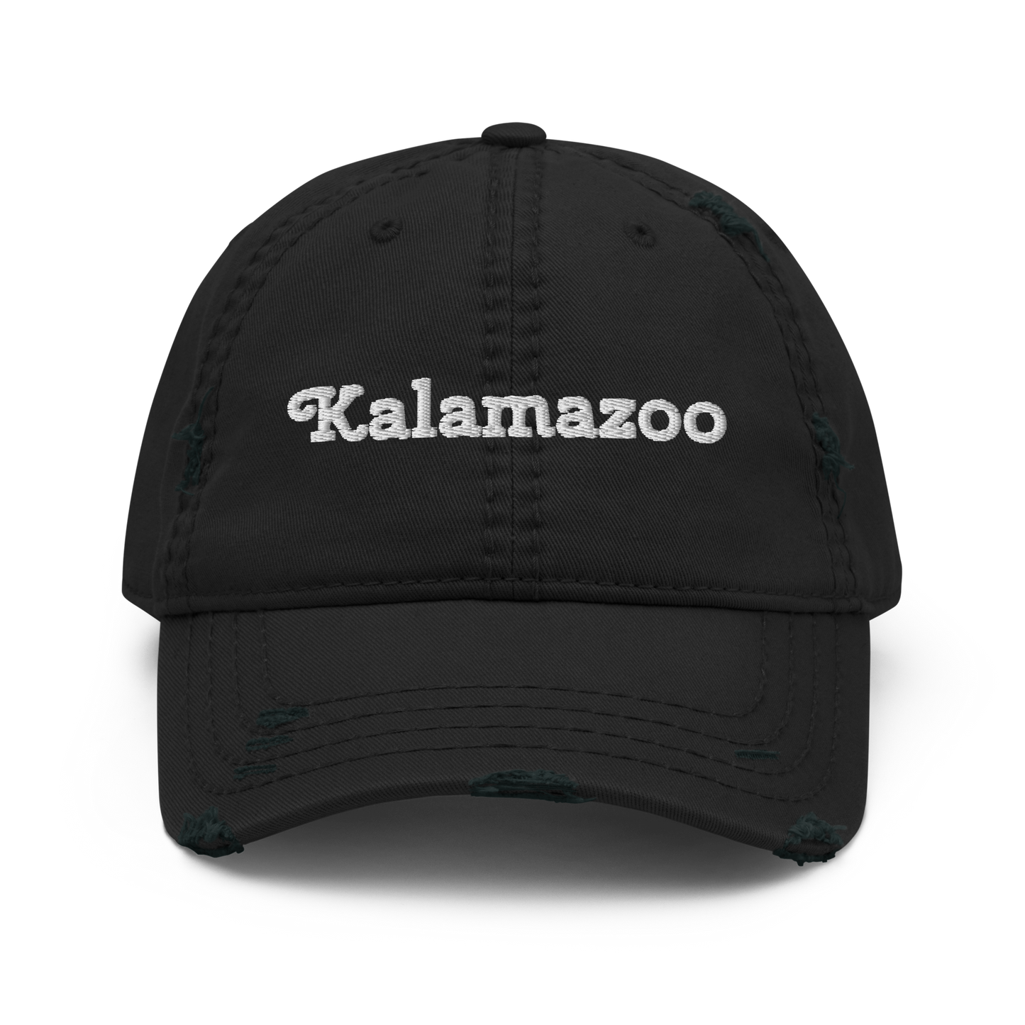 'Kalamazoo' Distressed Dad Hat | White/Black Embroidery