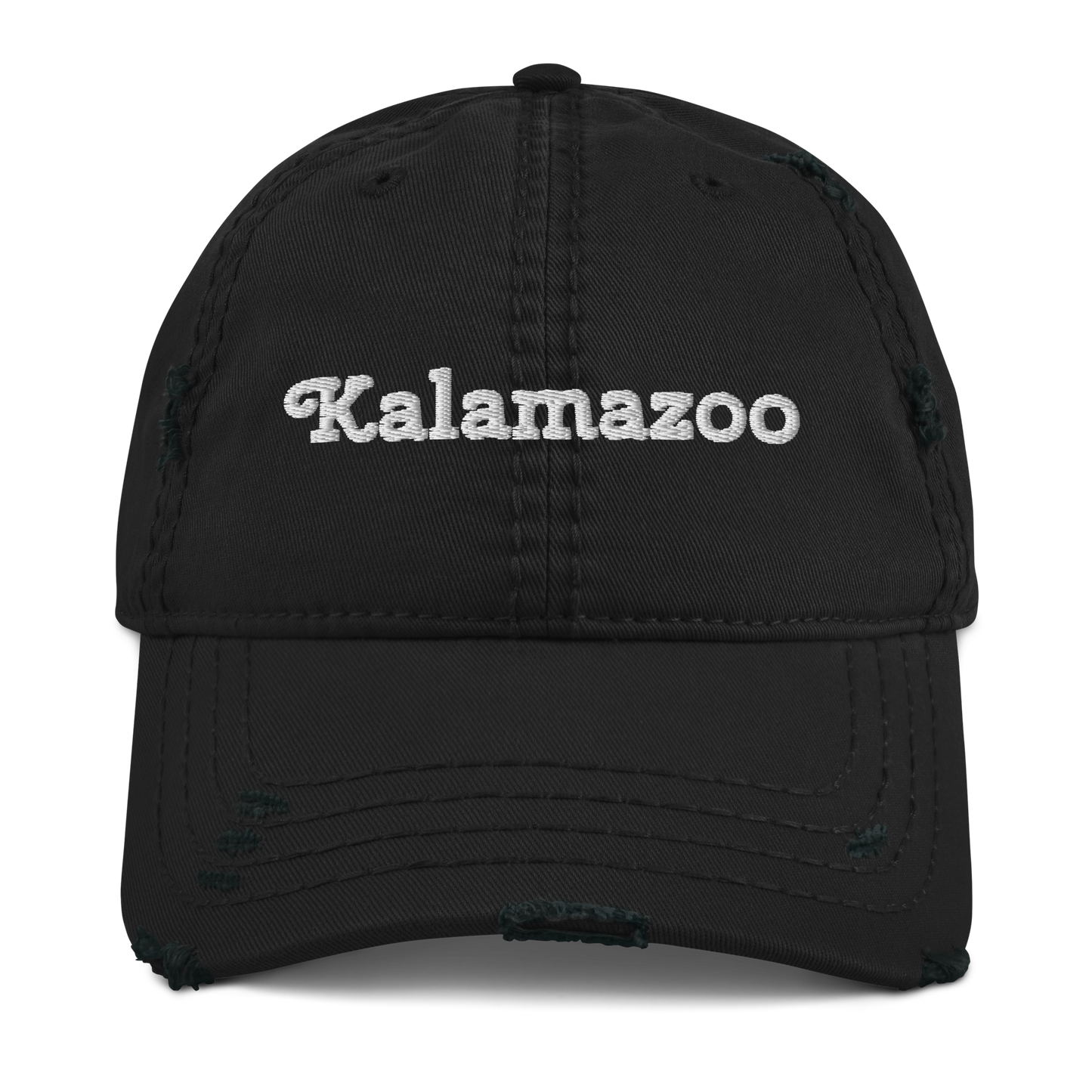 'Kalamazoo' Distressed Dad Hat | White/Black Embroidery