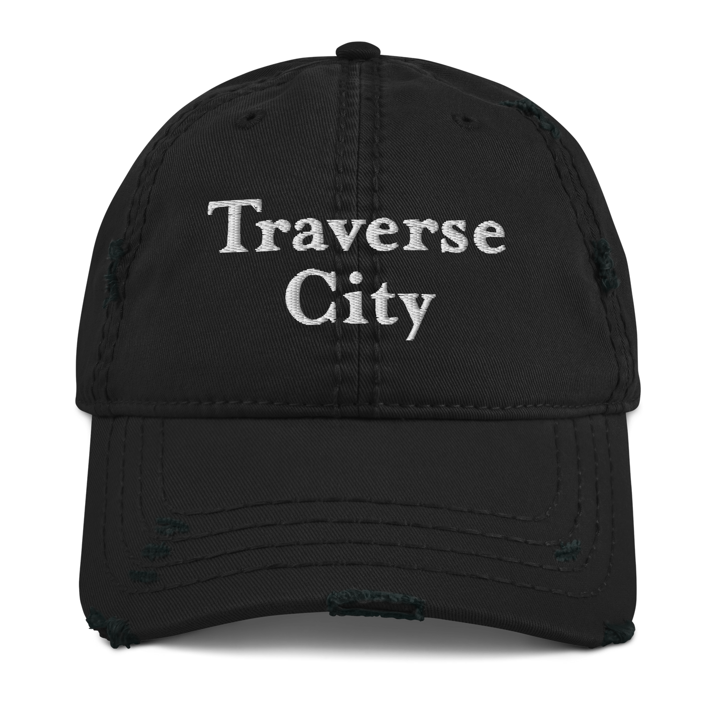 'Traverse City' Distressed Dad Hat | White/Navy Embroidery