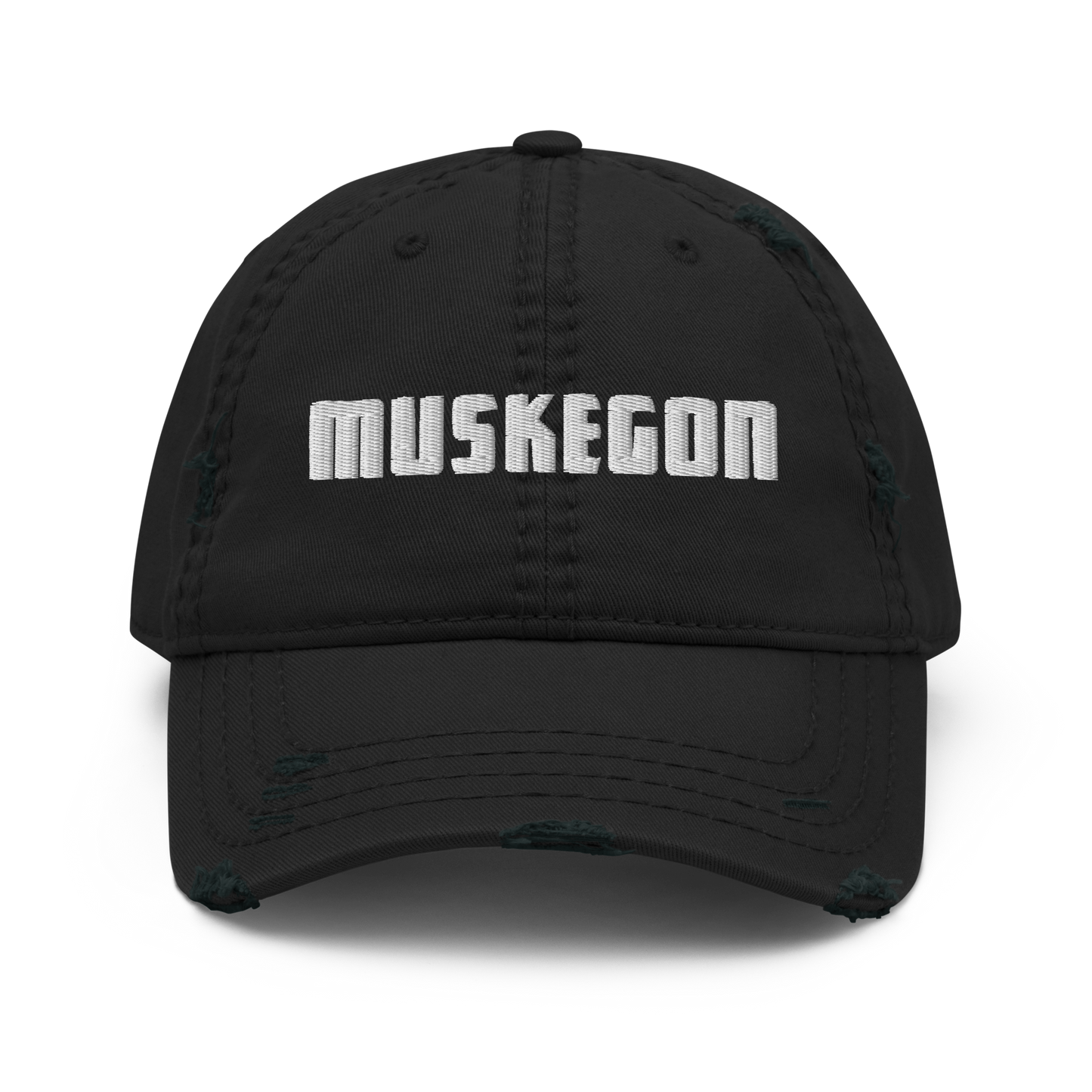 'Muskegon' Distressed Dad Hat | White/Black Embroidery