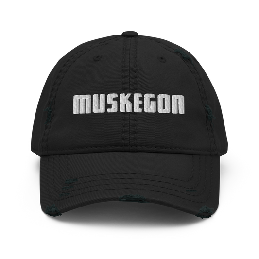 'Muskegon' Distressed Dad Hat | White/Black Embroidery