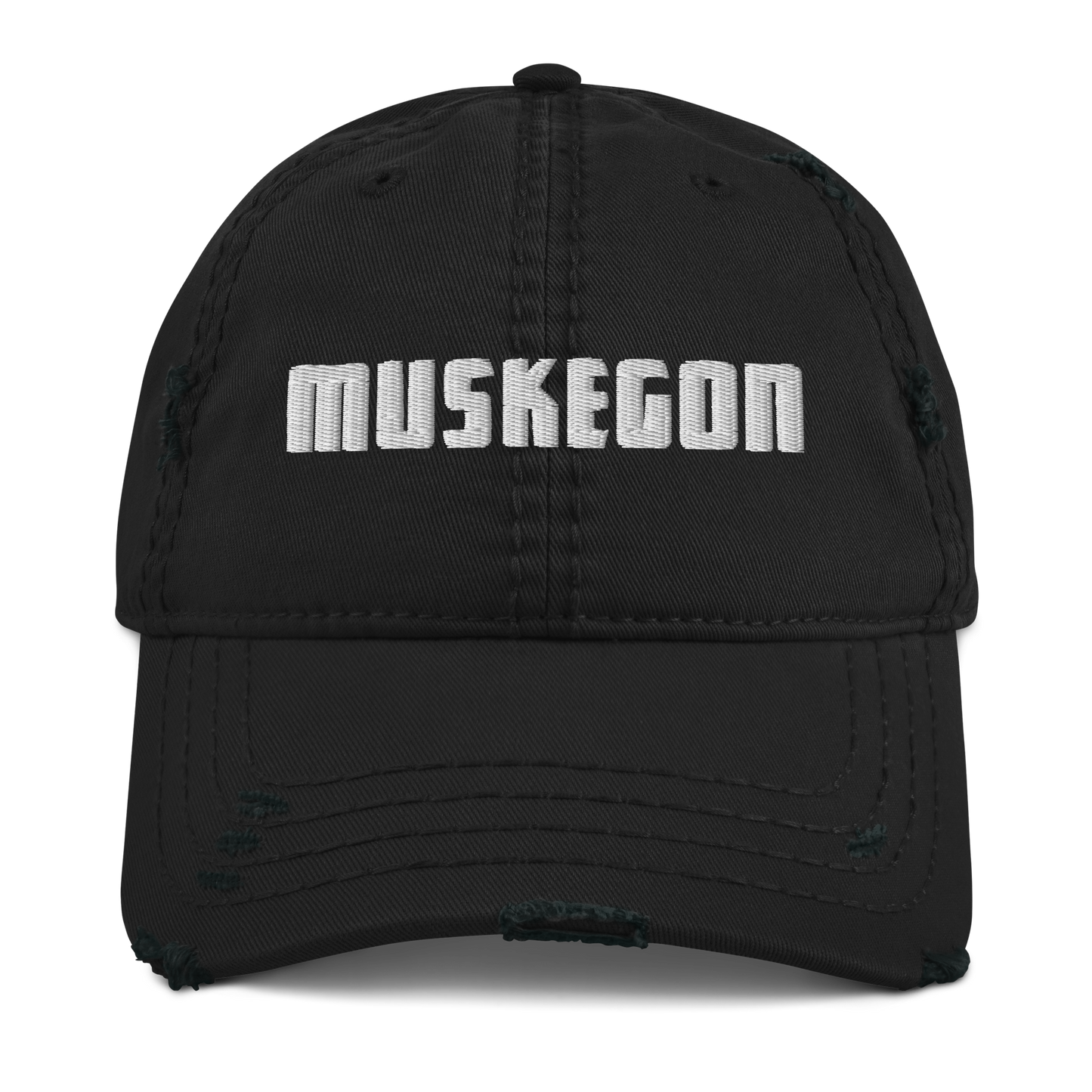 'Muskegon' Distressed Dad Hat | White/Black Embroidery