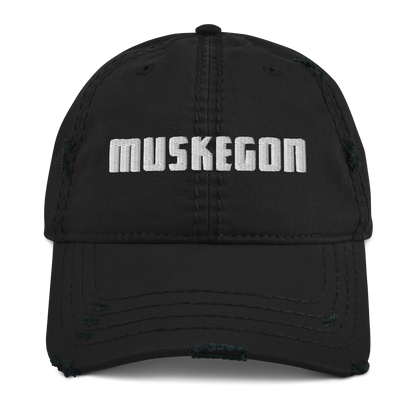 'Muskegon' Distressed Dad Hat | White/Black Embroidery