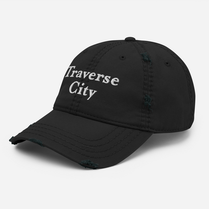 'Traverse City' Distressed Dad Hat | White/Navy Embroidery