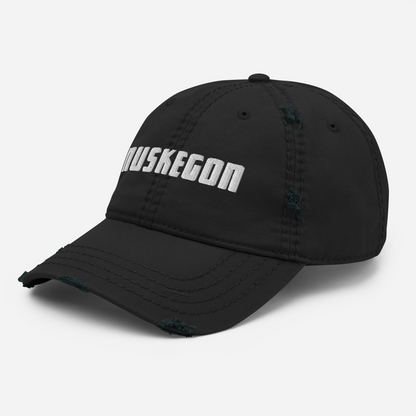 'Muskegon' Distressed Dad Hat | White/Black Embroidery