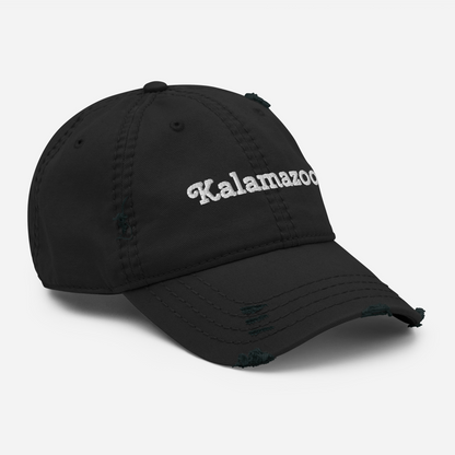 'Kalamazoo' Distressed Dad Hat | White/Black Embroidery