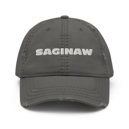 'Saginaw' Distressed Dad Hat | White/Black Embroidery