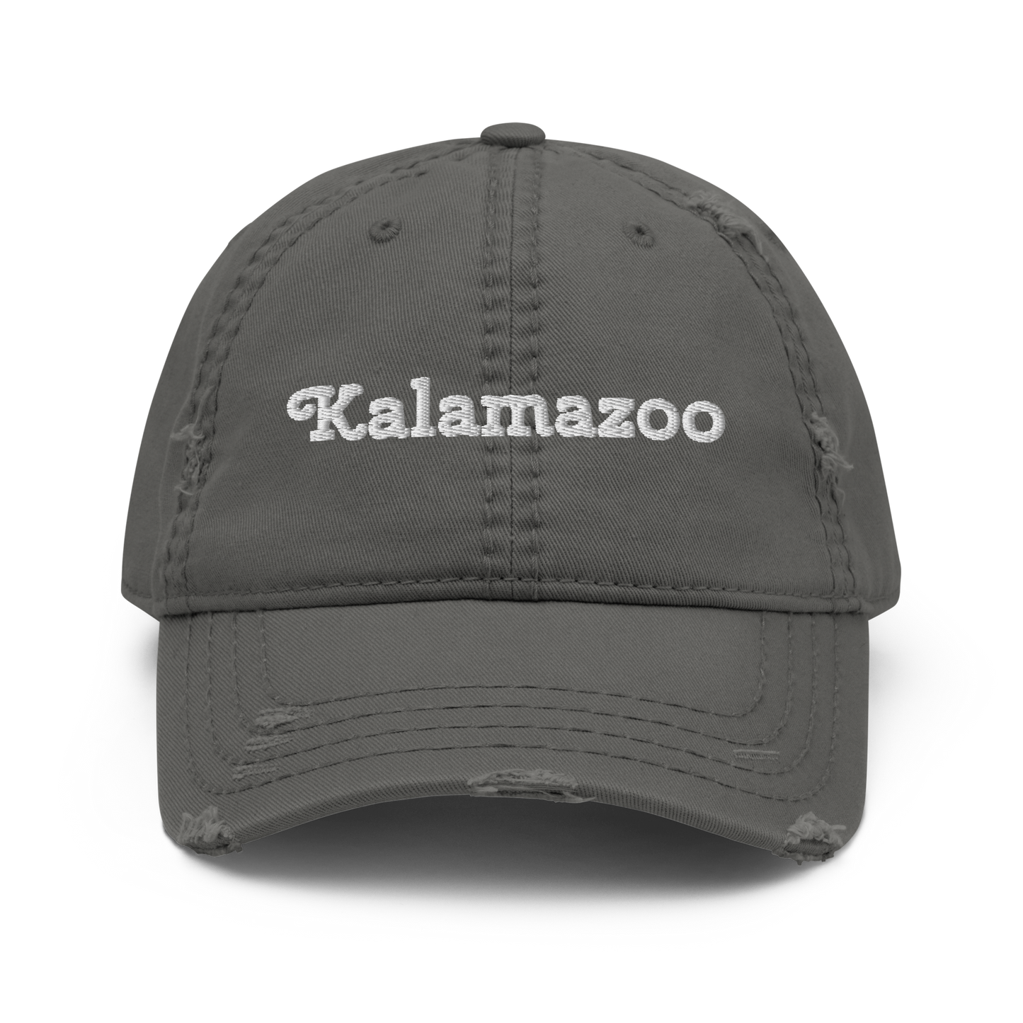 'Kalamazoo' Distressed Dad Hat | White/Black Embroidery