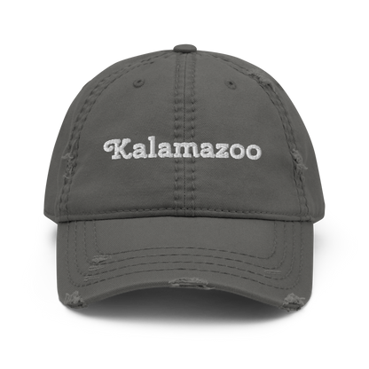 'Kalamazoo' Distressed Dad Hat | White/Black Embroidery