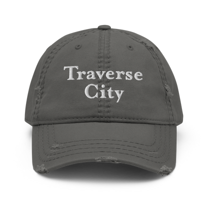 'Traverse City' Distressed Dad Hat | White/Navy Embroidery