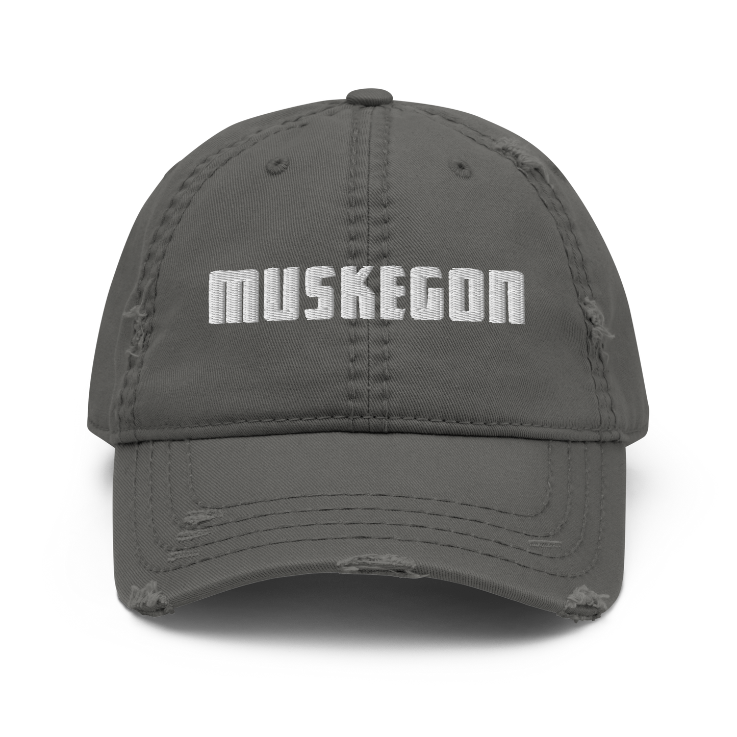 'Muskegon' Distressed Dad Hat | White/Black Embroidery