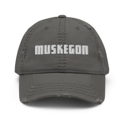 'Muskegon' Distressed Dad Hat | White/Black Embroidery