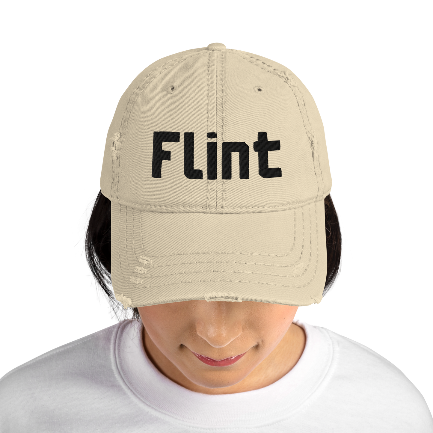 'Flint' Distressed Dad Hat | White/Black Embroidery