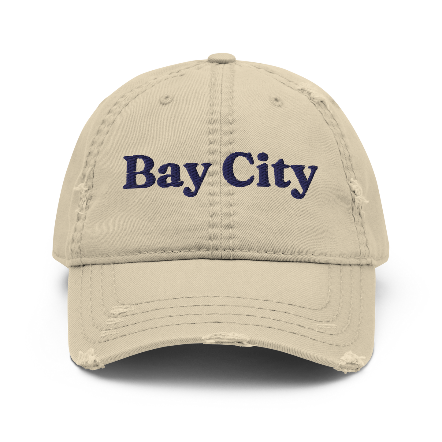 'Bay City' Distressed Dad Hat | White/Navy Embroidery