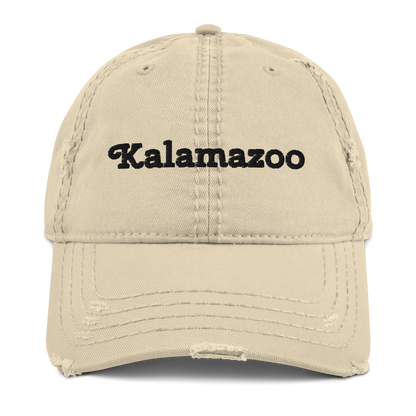 'Kalamazoo' Distressed Dad Hat | White/Black Embroidery