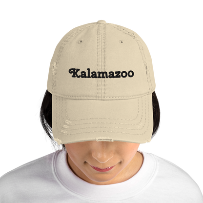 'Kalamazoo' Distressed Dad Hat | White/Black Embroidery