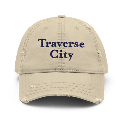 'Traverse City' Distressed Dad Hat | White/Navy Embroidery