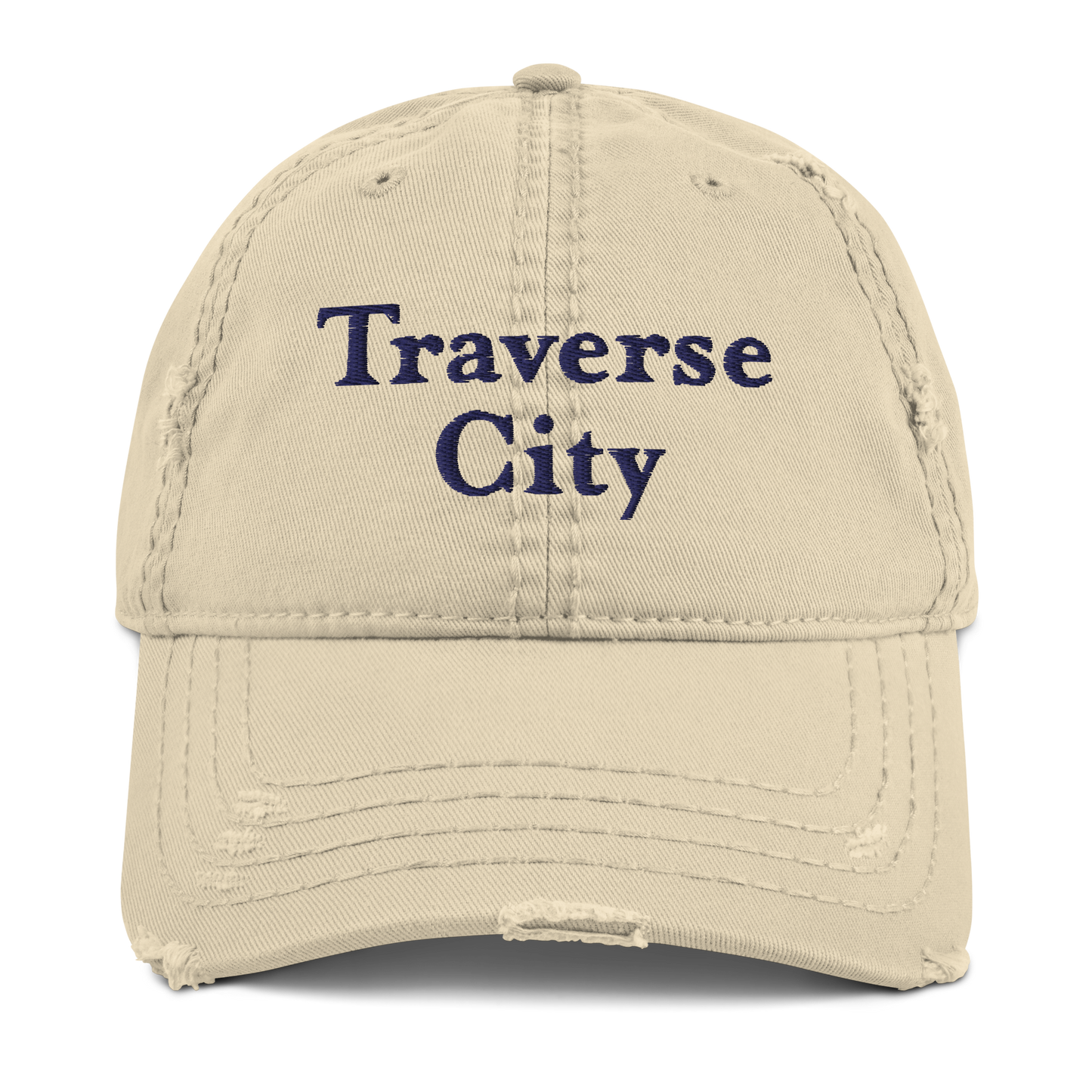 'Traverse City' Distressed Dad Hat | White/Navy Embroidery