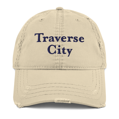 'Traverse City' Distressed Dad Hat | White/Navy Embroidery