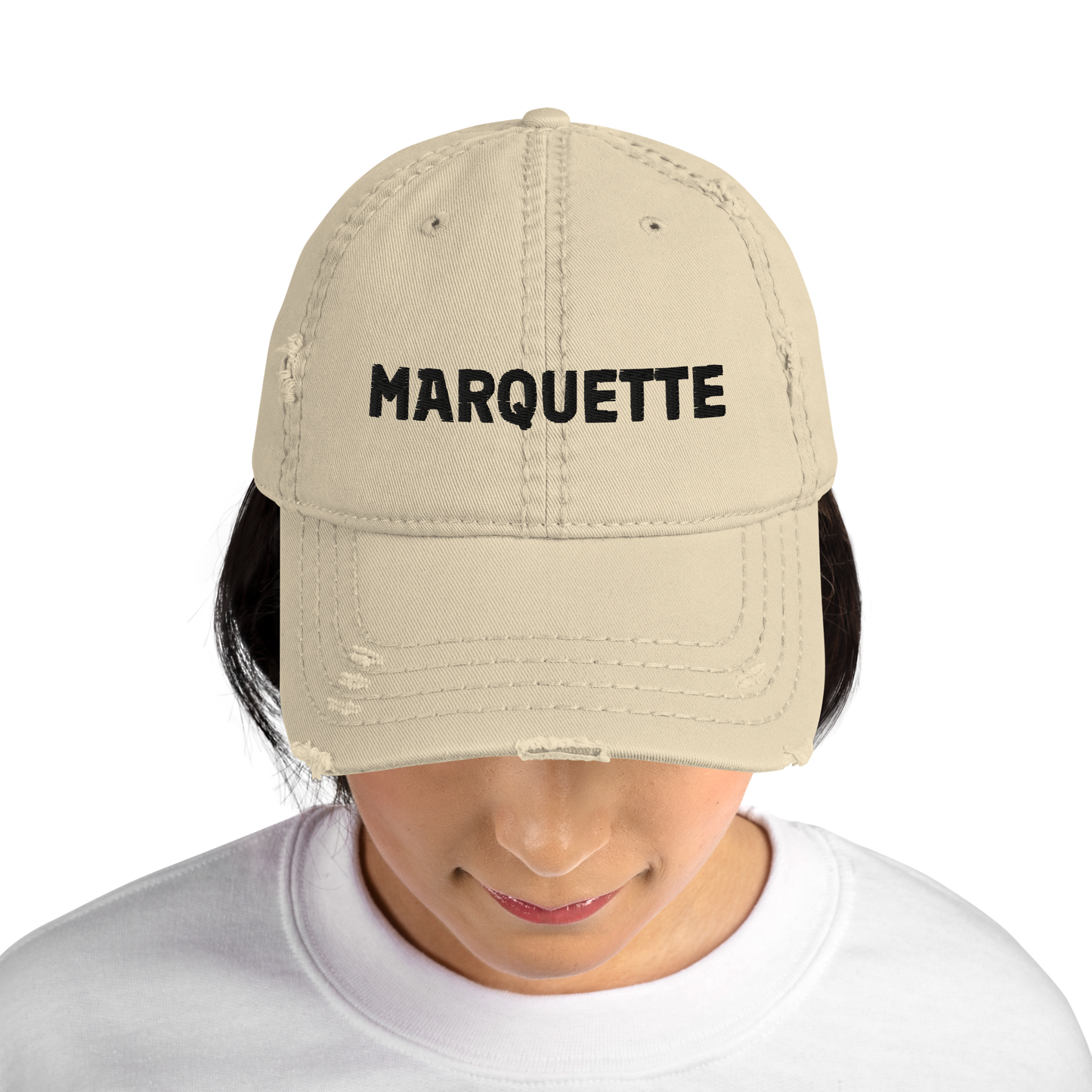 'Marquette' Distressed Dad Hat | White/Black Embroidery