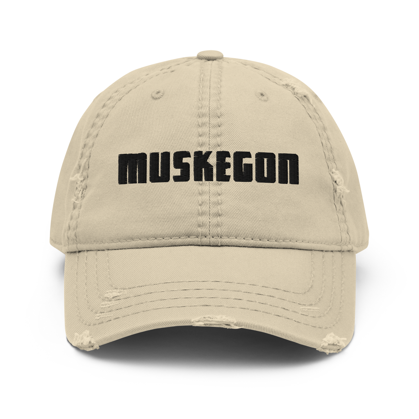 'Muskegon' Distressed Dad Hat | White/Black Embroidery