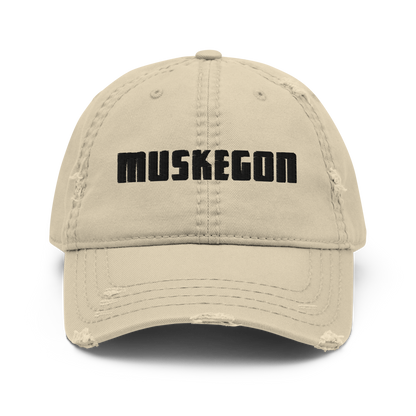 'Muskegon' Distressed Dad Hat | White/Black Embroidery