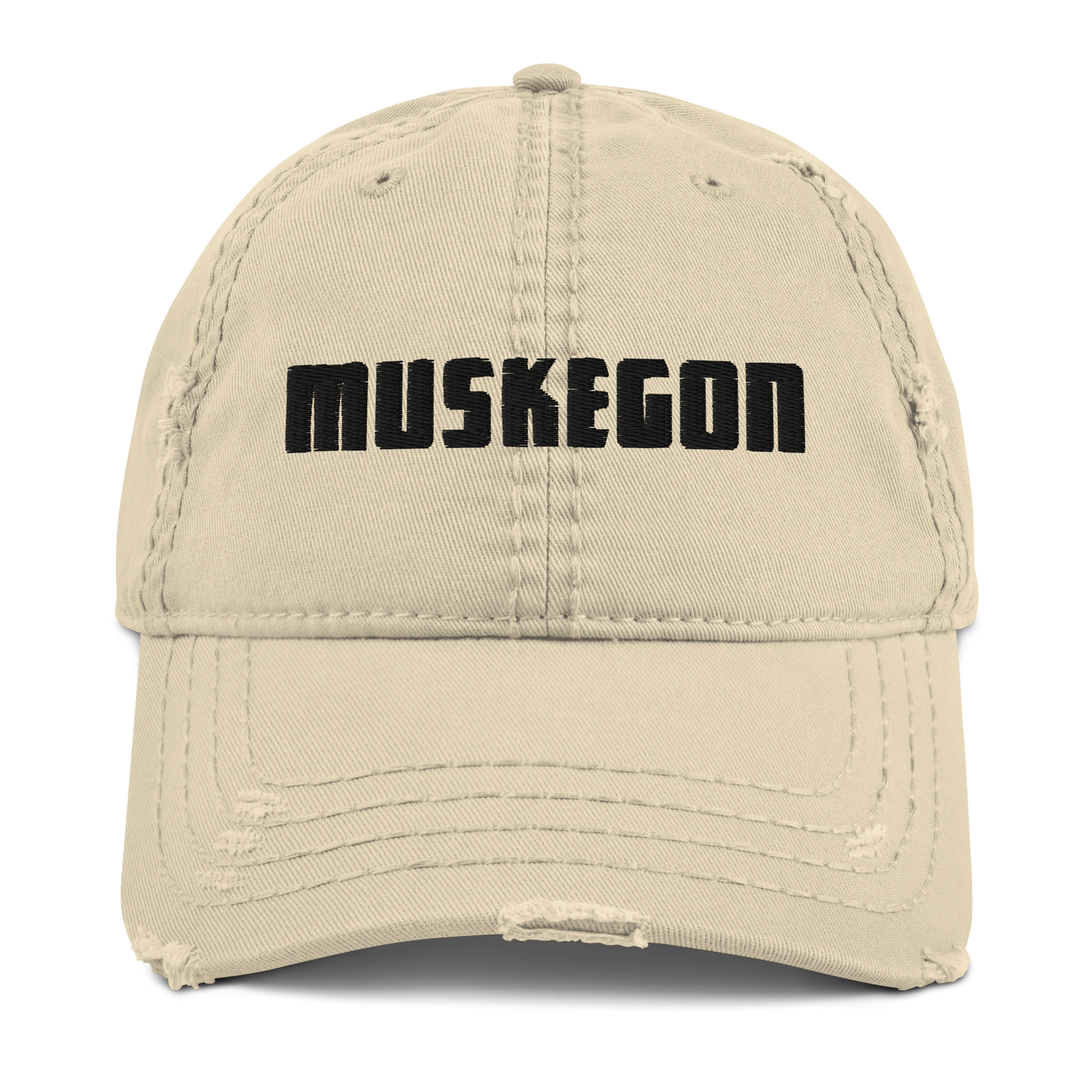 'Muskegon' Distressed Dad Hat | White/Black Embroidery