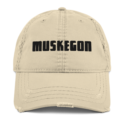 'Muskegon' Distressed Dad Hat | White/Black Embroidery