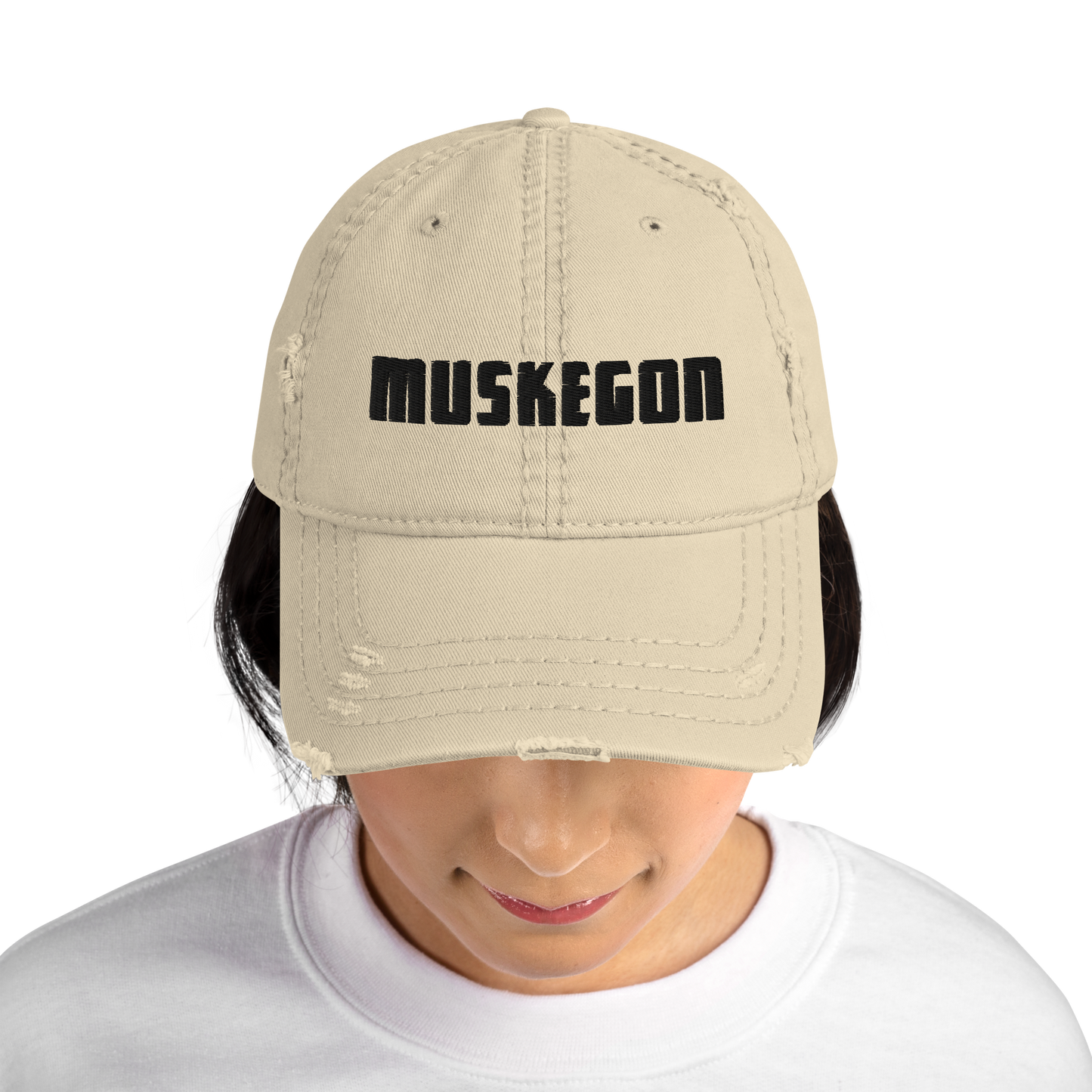 'Muskegon' Distressed Dad Hat | White/Black Embroidery