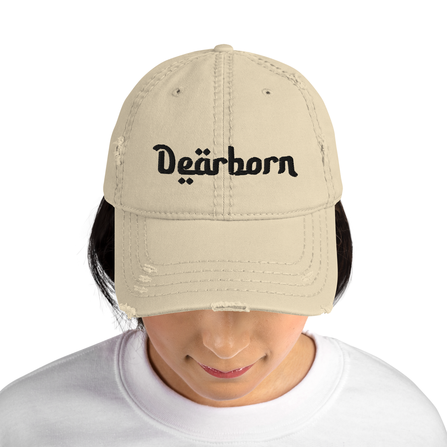 'Dearborn' Distressed Dad Hat | White/Black Embroidery