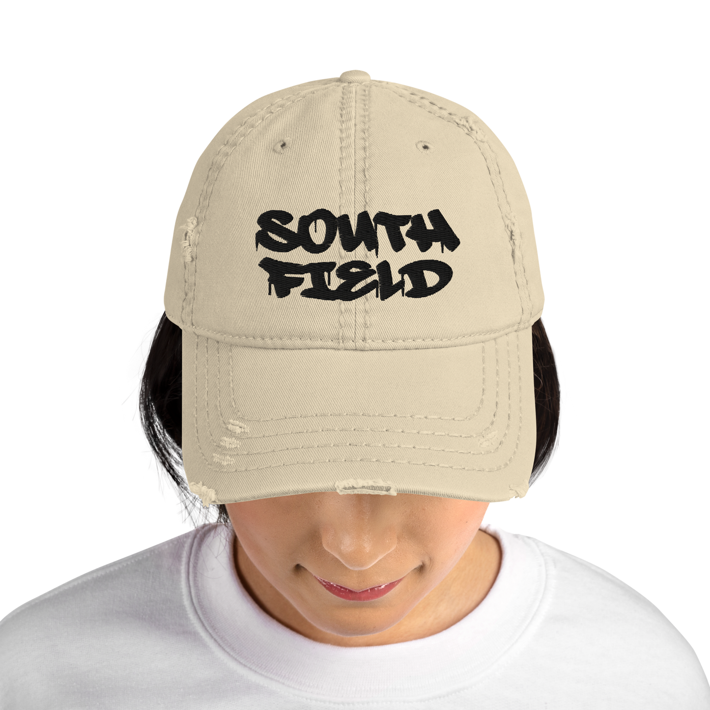 'Southfield' Distressed Dad Hat | White/Black Embroidery