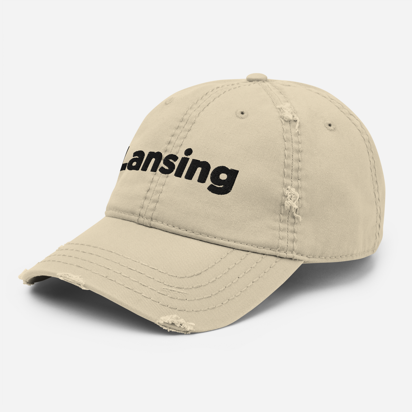 'Lansing' Distressed Dad Hat | White/Black Embroidery