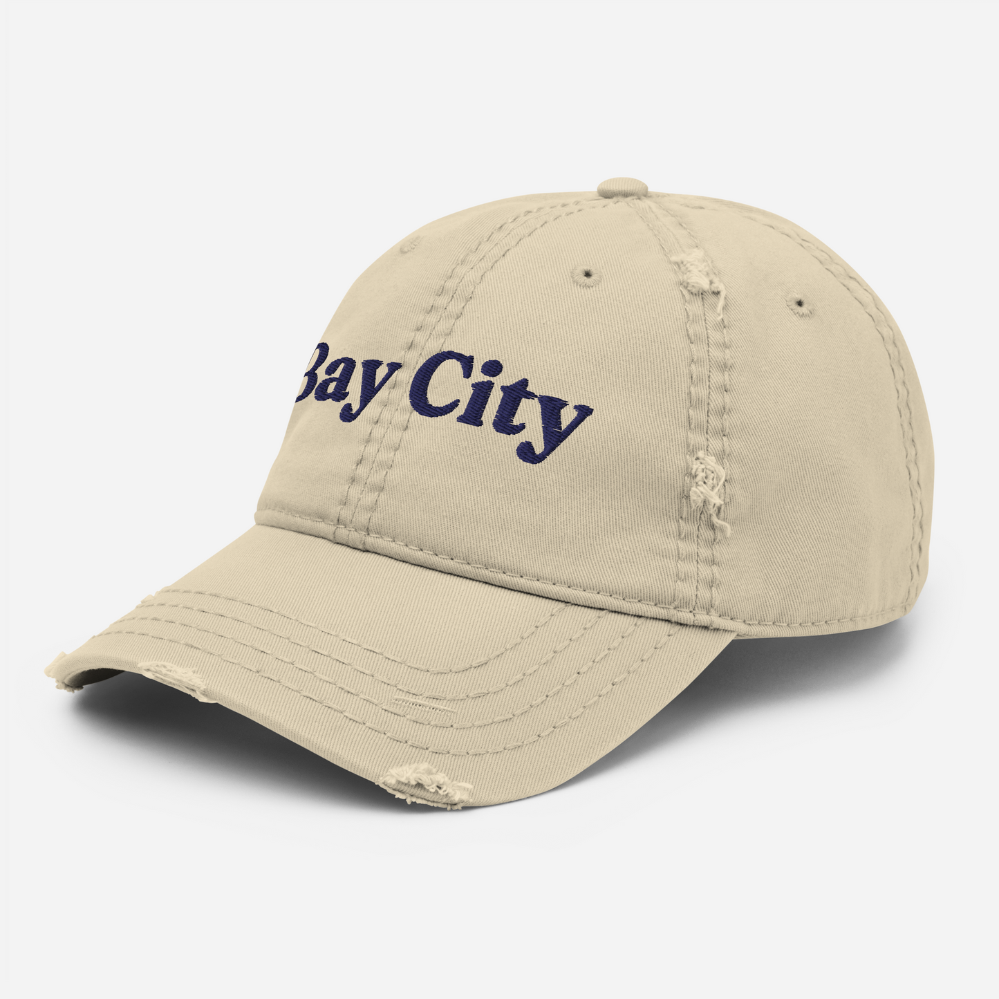 'Bay City' Distressed Dad Hat | White/Navy Embroidery