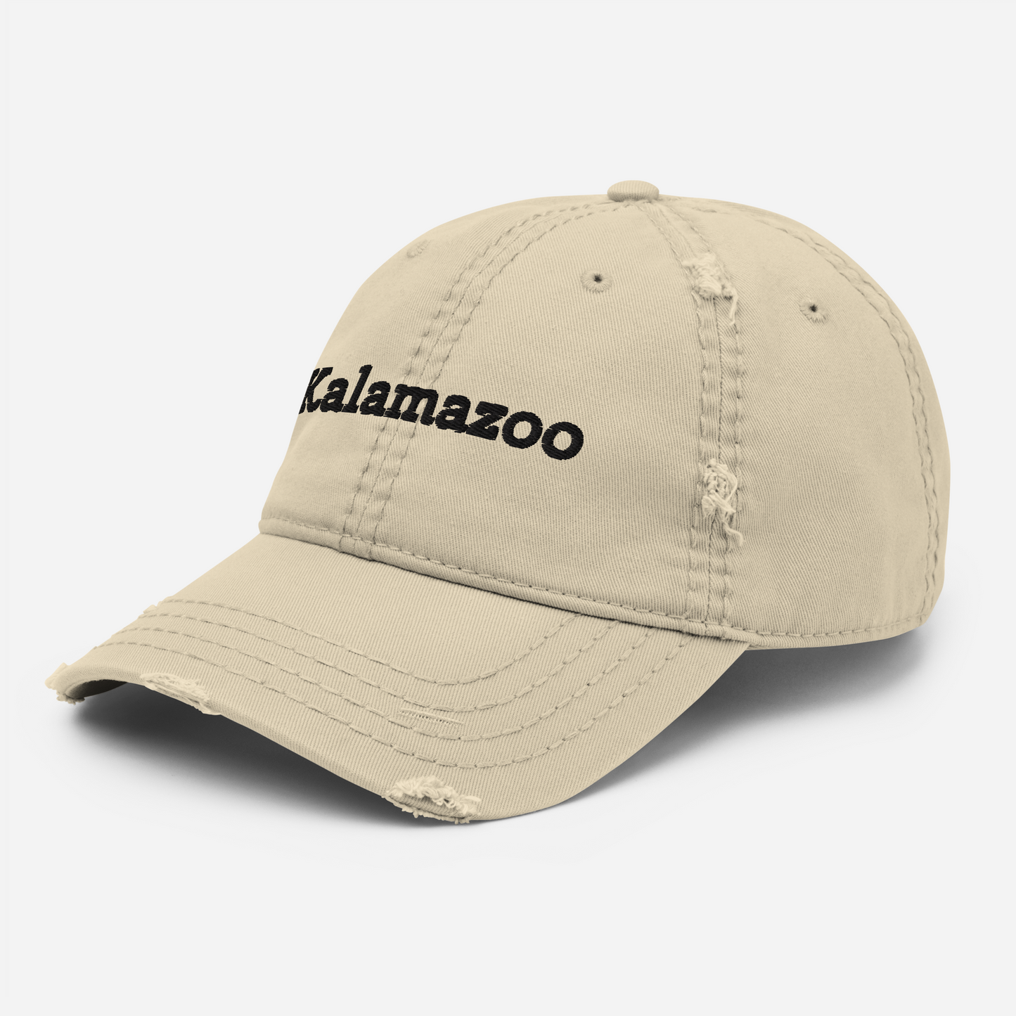 'Kalamazoo' Distressed Dad Hat | White/Black Embroidery