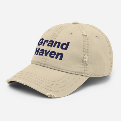 'Grand Haven' Distressed Dad Hat | White/Navy Embroidery
