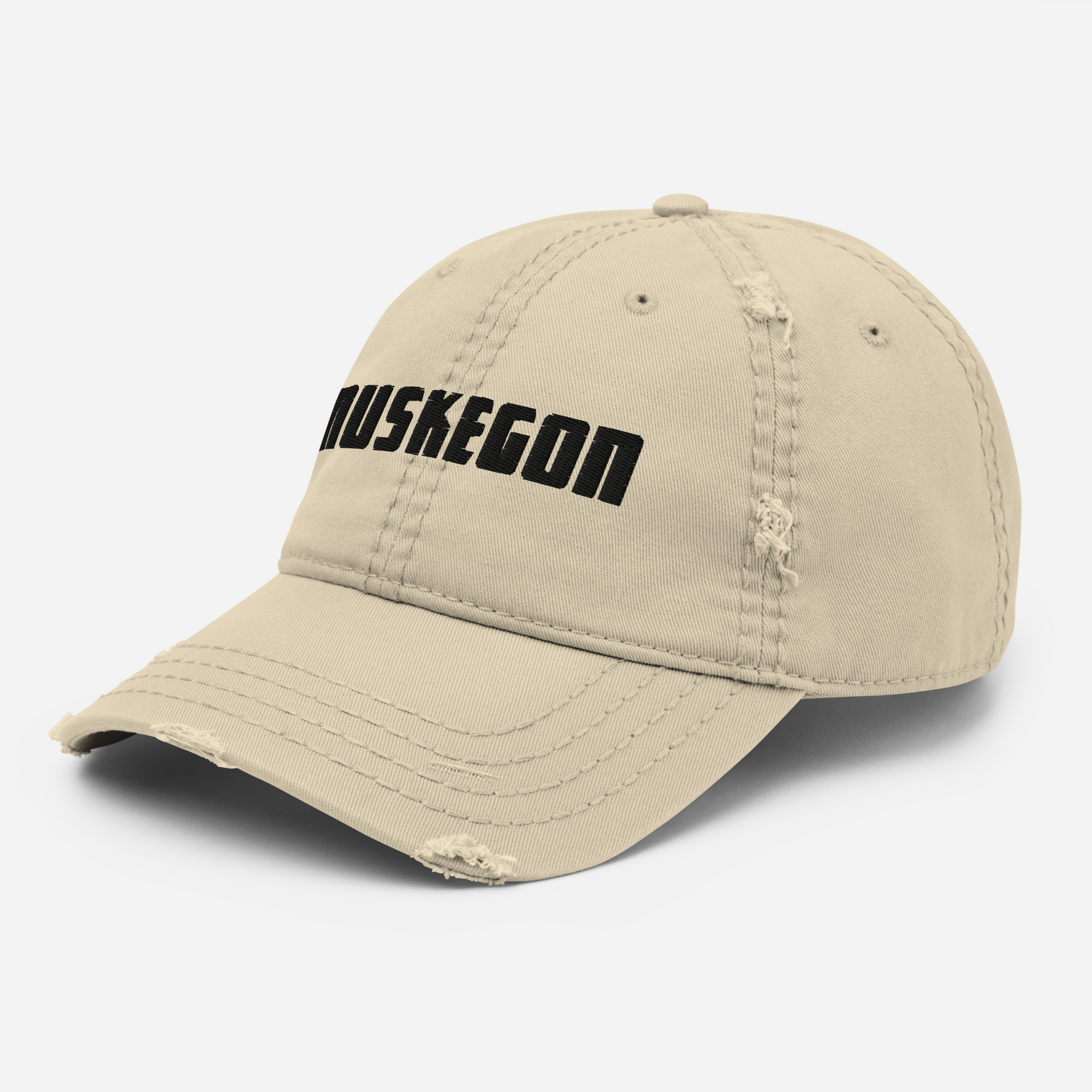 'Muskegon' Distressed Dad Hat | White/Black Embroidery