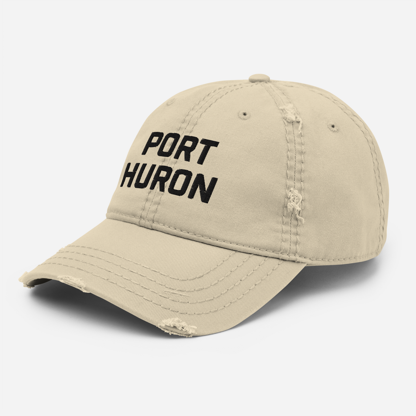 'Port Huron' Distressed Dad Hat | White/Black Embroidery