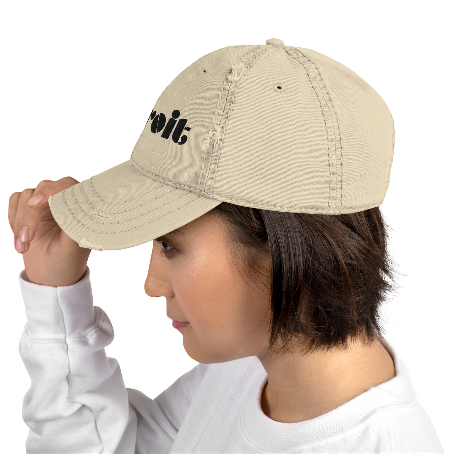 'Detroit' Distressed Dad Hat | White/Black Embroidery