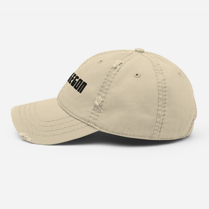 'Muskegon' Distressed Dad Hat | White/Black Embroidery